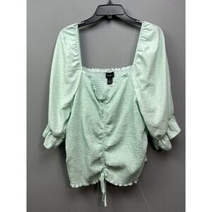 Rue Plus Shirt‎ Womens 4X Mint Green Smocked Puff Sleeve Drawstring Floral Top